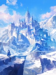 Enchanting Fairy Tale Castle in Winter Wonderland: Anime-Style Illustration for Magical Marketing Campaigns, Seasonal Promotions, and Dreamy Web Designs - Elegant Abstract Background with Copy Space