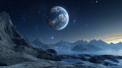 Alien Planet Landscape with Mountains and Large Moon