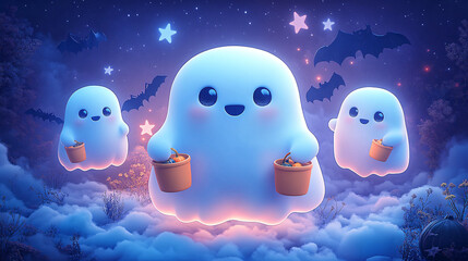 Adorable cartoon ghosts joyfully floating with candy buckets under a starry night sky, perfect for Halloween-themed designs.