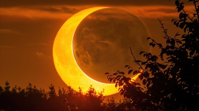 A striking solar eclipse with the sun partially obscured, creating a glowing crescent behind silhouetted trees.