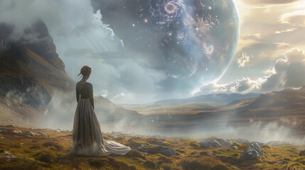 Woman in a Dress Gazing at the Moon on a Deserted Hill