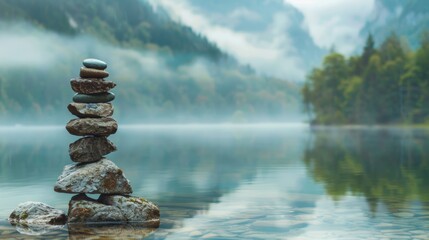 A stack of balanced rocks by a tranquil lake with misty mountains in the background, creating a serene and peaceful scene.