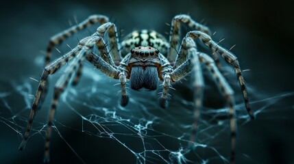 A close-up shot of a tiger spider, poised in the center of its elaborate web against a dimly lit background, showcasing the intricate details of both the spider and its web