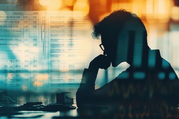 Bankruptcy and credit risk close up, focus on, copy space muted colors, Double exposure silhouette with credit score meter