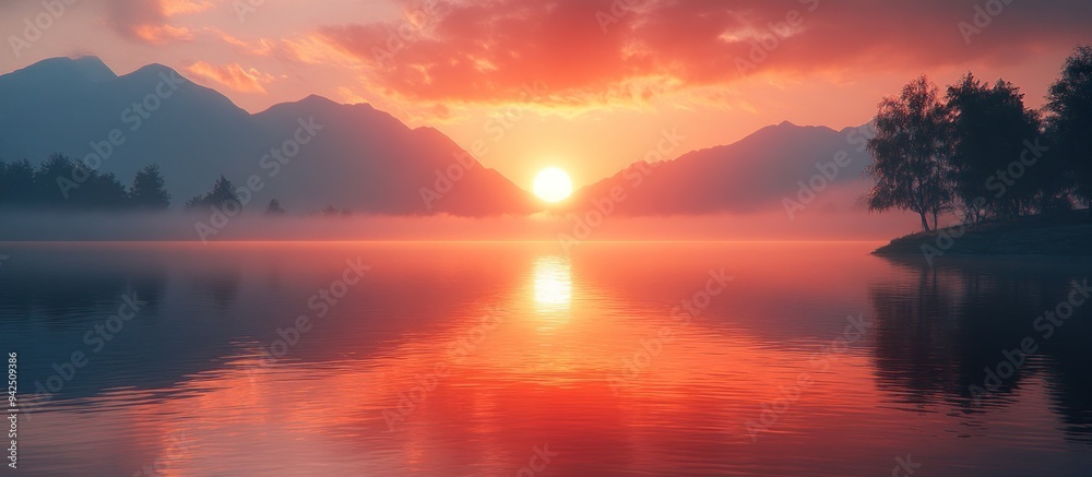 Wall mural Serene Sunset Over Misty Lake