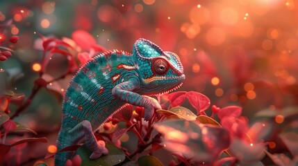 Mystical Chameleon Dance on Vibrant Green Canvas under Red Light