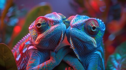 Obraz premium Mystical Chameleon Dance on Vibrant Green Canvas under Red Light