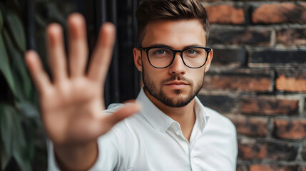 Obraz premium Bearded man wearing glasses and a white shirt makes a gesture of prohibition