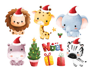Watercolor Illustration Set of Safari Animals and Christmas Decorations