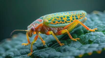 Fototapeta premium Intricately Marked Leafhopper Insect Camouflaged on Leaf