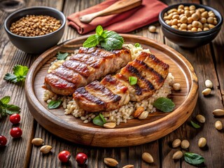 Dramatic low-key lighting emphasizes the textures of grilled pork, peanuts, and toasted rice, arranged on a rustic wooden platter.