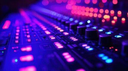 Fototapeta premium Abstract close-up of DJ controller knobs and sliders, reflecting colorful light patterns