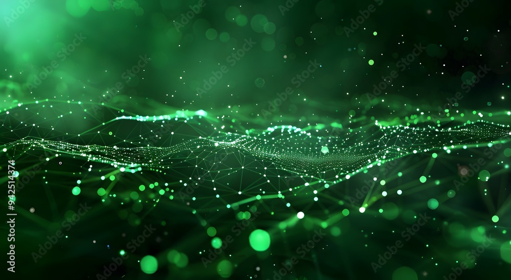 Poster abstract green background with glowing dots and lines in the form of an intricate network or web, sy
