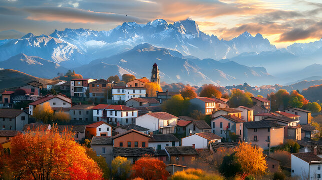 Riano cityscape at sunset with mountain range landscape during Autumn in Picos de Europa National Park, Leon,