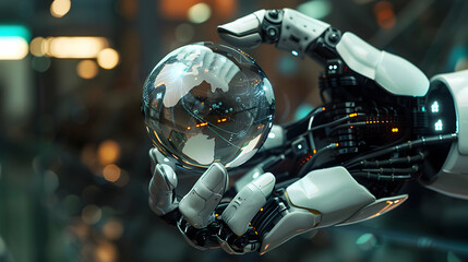 Fototapeta premium Robot hands holding an artificial intelligence sphere
