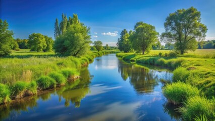 Tranquil summer stream with lush green surroundings and clear blue sky, summer, stream, creek, nature, landscape, serene