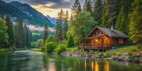 Tranquil cabin retreat by a riverside in lush forest mountains , cabin, retreat, riverside, tranquil, lush, forest