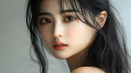 Naklejka premium Close-up portrait of a beautiful young woman with long black hair and soft makeup, looking to the side.