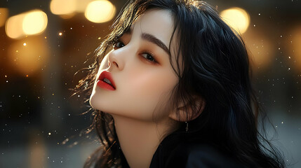 Close-up portrait of a beautiful young woman with long black hair, looking up, with a soft light background.