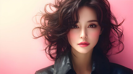 Fototapeta premium Close-up portrait of a beautiful young woman with long dark hair and a pink background.