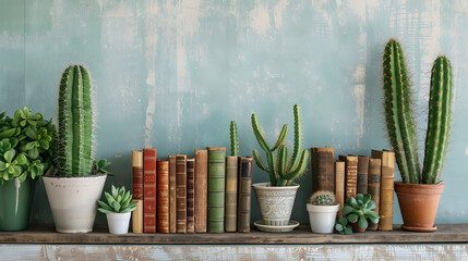 Shelf with different books and cactus.