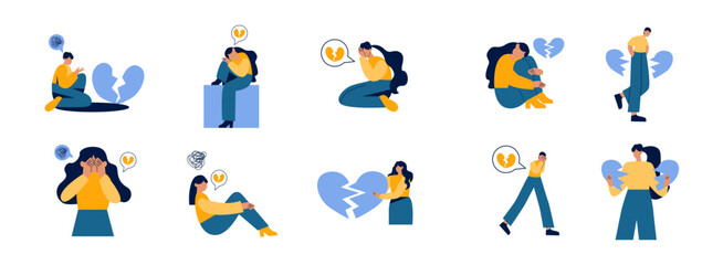 Broken Heart flat illustration set. Include of love, valentine, romance, sign, divorce, and broken. Vector illustration isolated transparent background