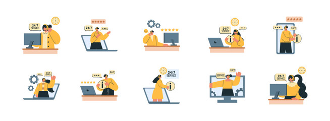 Customer Service flat illustration set. Include of customer service, office, center, person, and call center. Vector illustration isolated transparent background