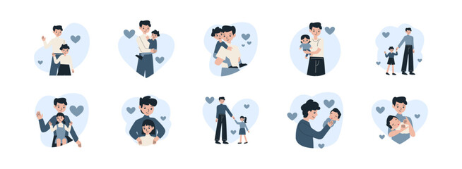 Fototapeta premium Father Day Character flat illustration set. Include of daddy, care, happy, family, and gentleman. Vector illustration isolated transparent background
