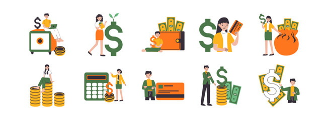 Finance Character flat illustration set. Include of financial, investment, analysis, profit, and budget. Vector illustration isolated transparent background