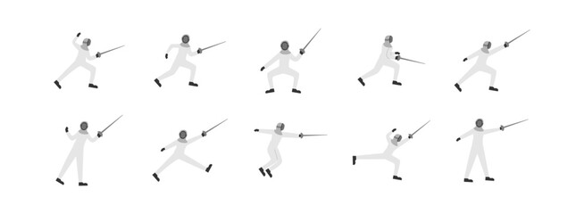 Fencing flat illustration set. Include of fencing, sport, competition, game, and combat. Vector illustration isolated transparent background