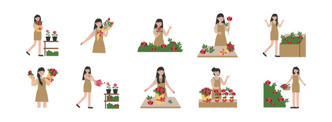 Florist flat illustration set. Include of and flower, floral, plant, bouquet. Vector illustration isolated transparent background