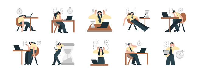 Overwork flat illustration set. Include of tired, office, business, work, stress, and deadline. Vector illustration isolated transparent background