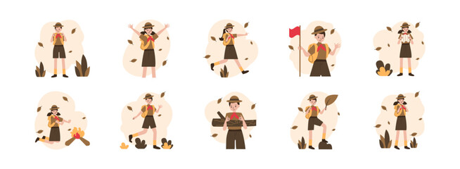 Scout Character  flat illustration set. Include of scout, adventure, and education. Vector illustration isolated transparent background