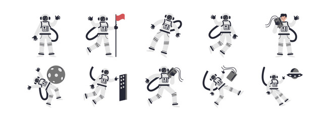 Astronaut flat illustration set. Include of astronaut, cosmos, space, technology, galaxy, and spaceman. Vector illustration isolated transparent background