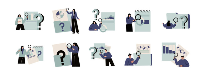 Study Case flat illustration set. Include of identity, individuality, inspector, intelligence, and divorce. Vector illustration isolated transparent background