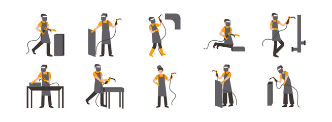Welder Character flat illustration set. Include of occupation, welder, industry, character, helmet, repair, and technician. Vector illustration isolated transparent background