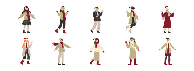 Winter Character Activity flat illustration set. Include of activity, character, girl, and weather. Vector illustration isolated transparent background