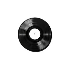 Obraz premium A black vinyl record on a black background. The record is centered in the frame and is in focus. The surface of the record is smooth and shiny.