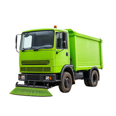 A bright green street sweeper truck with a rotating brush in front.