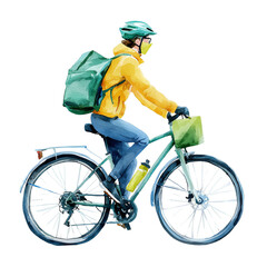 Naklejka premium A cyclist wearing a helmet and a backpack rides a bicycle on a sunny day.
