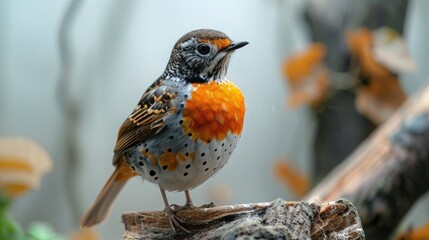 Exotic White-Throated Bird in Tiger Stripes, Perched on Weathered Timber, Isolated on White Background
