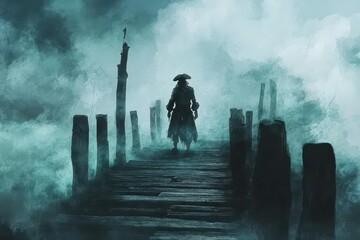Ghost pirate captain, standing on a foggy dock, eerie night, Watercolor style