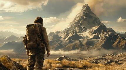 Adventurer contemplates majestic mountain peak.
