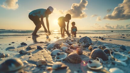 Parents and child collecting seashells on a summer beach minimal