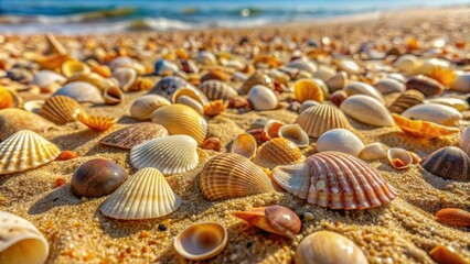 Close up of various shells scattered on sandy beach, beach, shells, seashells, sand, close up, colorful, nature, texture