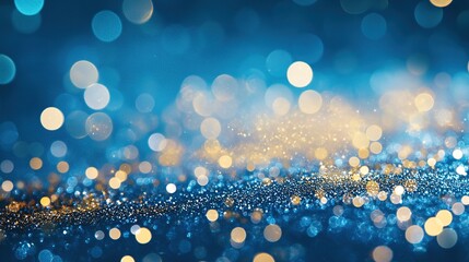 Mesmerizing glitter blue background with bokeh effect, featuring gold sparkles, interstellar nebulae, and ethereal light play. Holiday background decoration, wallpaper, AI generated
