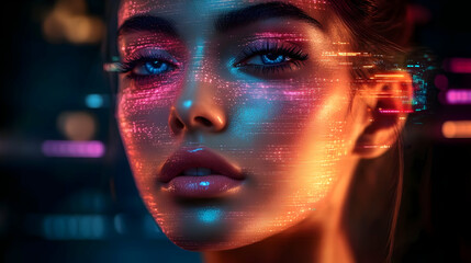 Close-up portrait of a woman with glowing lines on her face, looking at the camera with a serious expression.