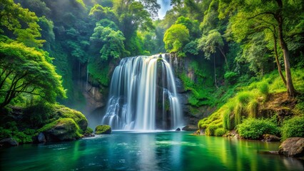 Fototapeta premium Majestic waterfall flowing gracefully through vibrant green forest