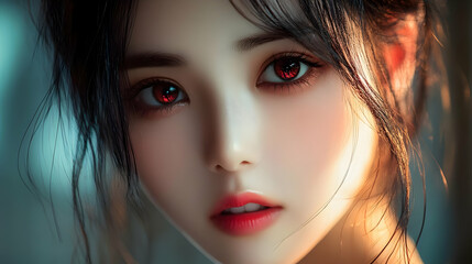 Fototapeta premium Close-up portrait of a woman with red eyes and parted lips, looking directly at the camera.