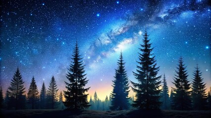 Silhouettes of evergreen trees against a starry night sky, perfect for a peaceful and serene background